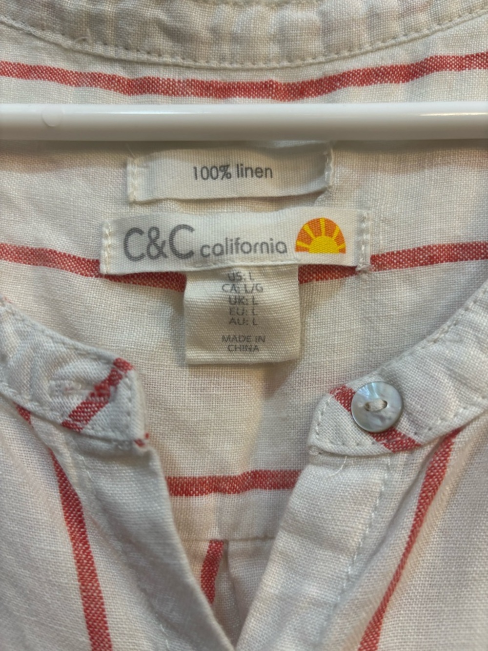 100% Linen C&C California Sleeveless Button-Down with Red Stripes, size Large - Picture 2 of 5
